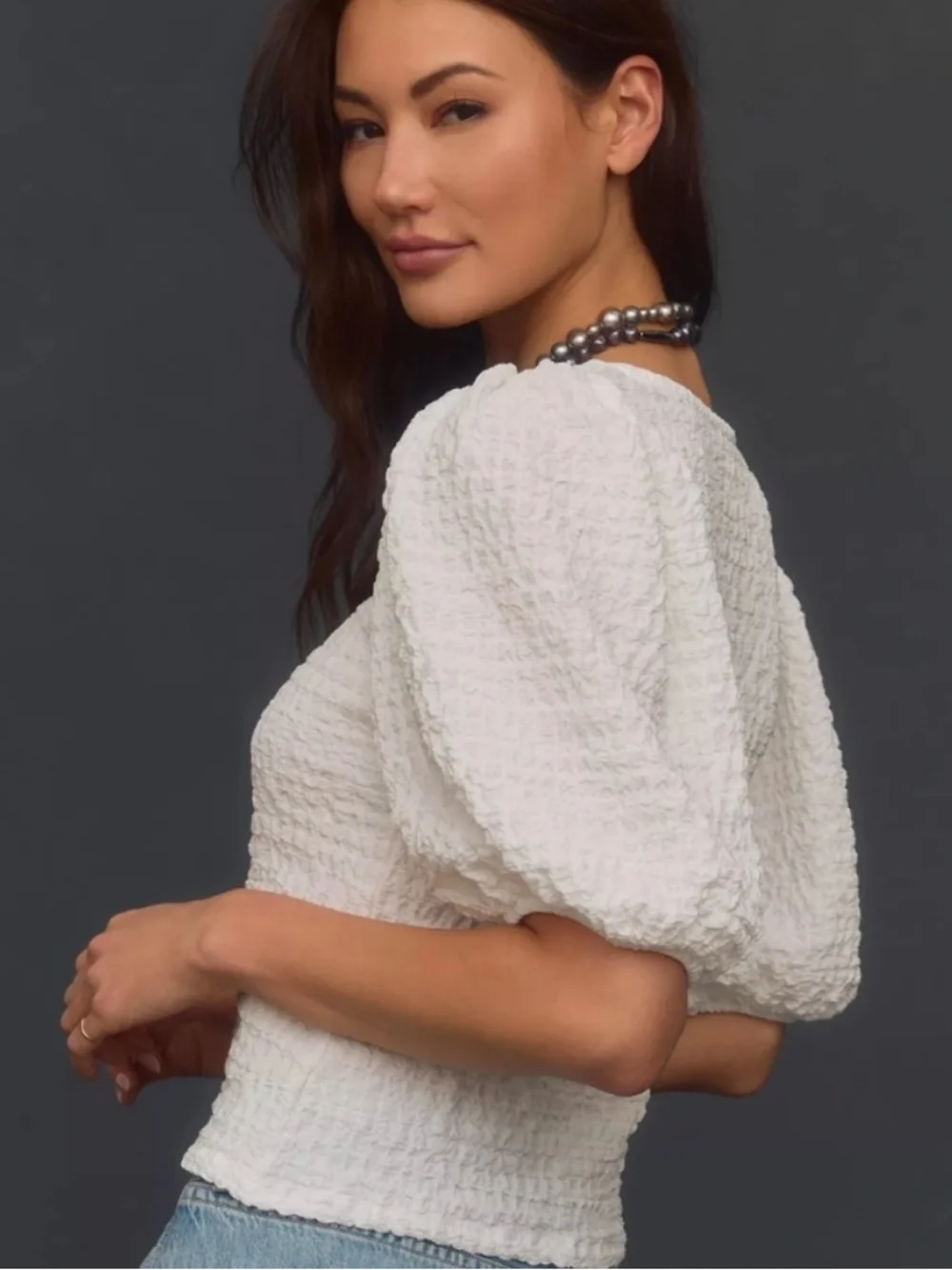 Anthropologie Maeve White Textured Puff-Sleeve Top XS